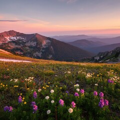 Serene mountain meadow dotted with wildflowers under a pastel pink dawn sky
