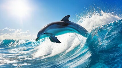 Naklejka premium Blue dolphin leaping through ocean waves, bright sunlight on body, clear skies