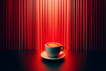 Espresso cup close-up on dark surface, red background with vertical lines and gradients, modern style, bold contrast, detailed coffee texture, perfect for cafe or food themes,