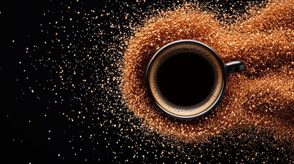 Dramatic coffee burst from cup, bold splatter pattern, top-down view, minimalist background, high detail