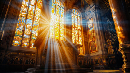 Golden rays of sunlight filter through colorful stained glass, casting vibrant patterns on the stone floor of a grand cathedral, enhancing the peaceful ambiance inside - Generative AI