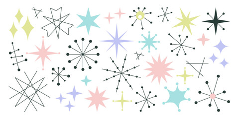 Atomic stars and starburst mid century modern graphic symbols isolated set vector illustration