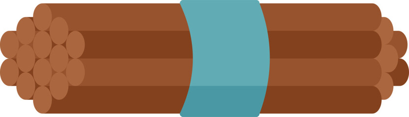 Vector illustration in flat design of a bundle of cinnamon sticks tied together with a blue ribbon, isolated on a white background