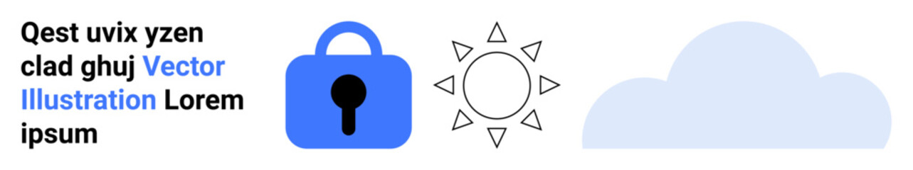 Blue lock icon, minimalist sun icon, and cloud shape alongside placeholder text. Ideal for weather apps, data security sites, cloud services, environmental blogs, tech interfaces, educational
