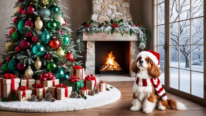 dog and christmas tree