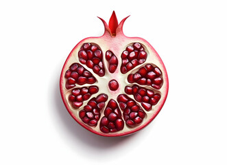 Close-up of a halved pomegranate with red seeds against a white background.