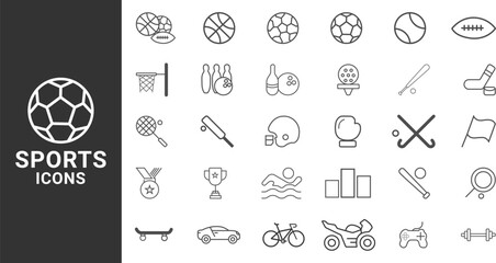 Line Sport Equipment Icons set. Football, golf, gym, basketball, volleyball, bowling, chess, skiing, boxing, tennis, collection Editable Stroke