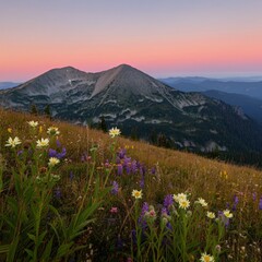 Serene mountain meadow dotted with wildflowers under a pastel pink dawn sky