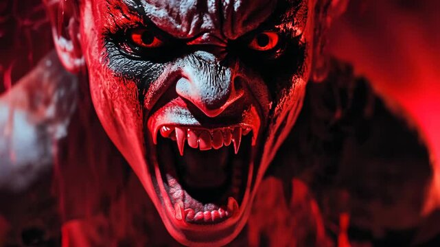 A close-up of a monster with red eyes, sharp teeth, and a wide open mouth, illuminated by a red light