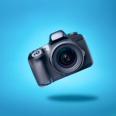 DSLR Camera with blank logo floating or flying isolated on light blue background