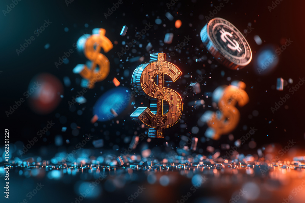 Poster golden dollar signs and coins floating in dynamic, abstract background, symbolizing finance and valu