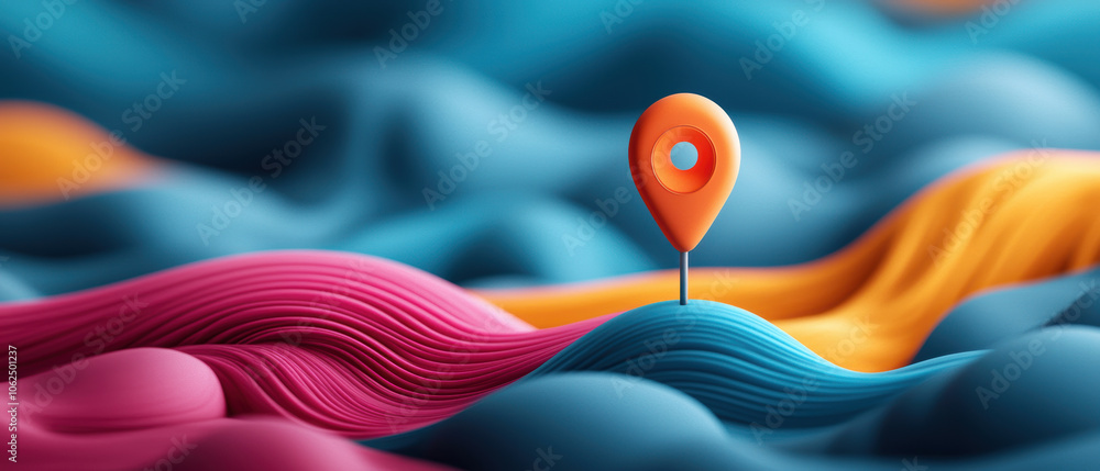 Poster vibrant 3d landscape with colorful waves and location pin, symbolizing navigation and exploration. d