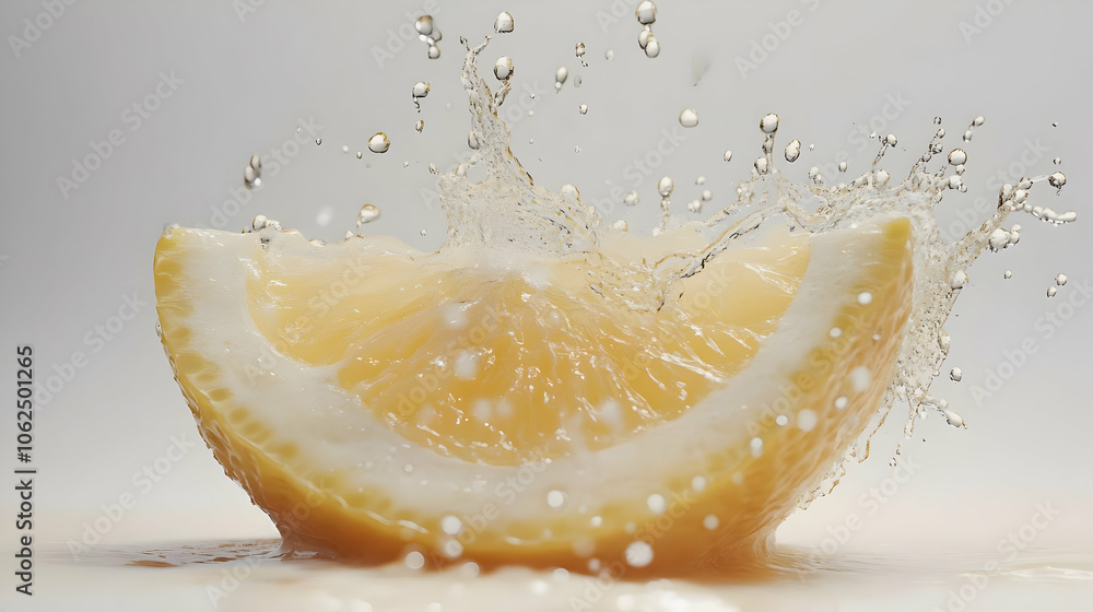 Poster close-up of a lemon wedge splashing into water, creating a beautiful, dynamic wave of water droplets