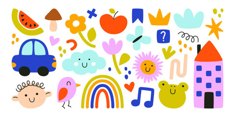 Naklejka premium Funny kids doodles, cute children scribbles, funky figures isolated hand drawn childish set