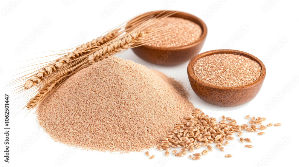 Poster whole grain wheat flours and ears arranged on a transparent background generative ai
