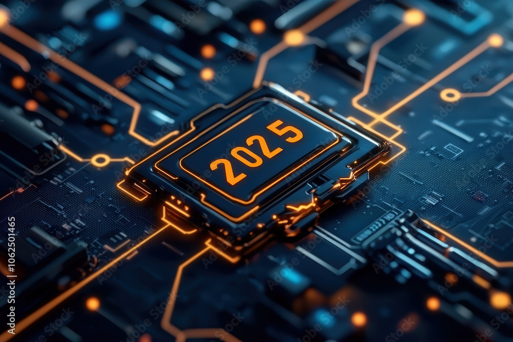 Poster innovative digital circuit design featuring year 2025, symbolizing future technology and advancement