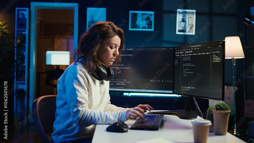Poster teleworking computer technician typing on keyboard, implementing security measures to protect compan