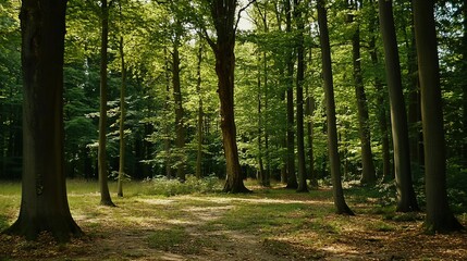 Obraz premium A stunning view from the forest floor, surrounded by tall, dense trees showcasing a vibrant palette of lush green colors. This image captures the essence of nature, with sunlight filtering