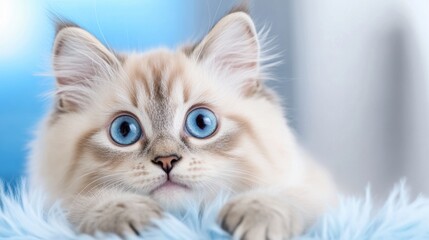 Obraz premium Fluffy kitten with striking blue eyes resting on a soft, fuzzy surface, AI