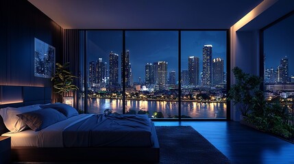 Fototapeta premium Modern Bedroom with City View at Night