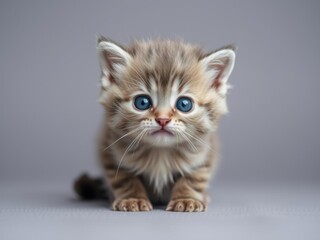 Obraz premium Adorable little fluffy kitten with captivating eyes on a soft gray background, domesticated, cute