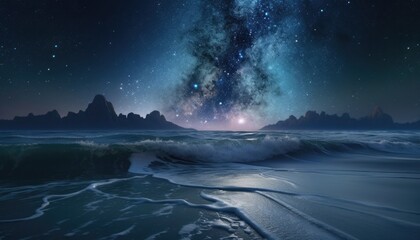 Majestic night sky filled with stars over a tranquil lake, combining celestial beauty with earthly calm, reflecting the vastness and serenity of the universe.