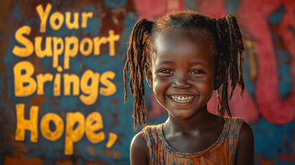 Poster featuring a smiling child or family with the phrase "Your Support Brings Hope," fundraiser poster,
