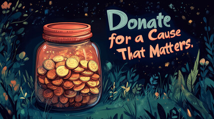 Illustrated jar filled with coins, with text "Donate for a Cause That Matters," fundraiser poster,