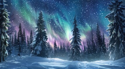 Naklejka premium Stunning winter scene: Snowy pine trees under northern lights. Night sky with aurora borealis.