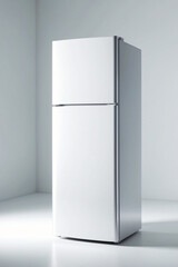 White refrigerator standing in a minimalistic room with soft lighting