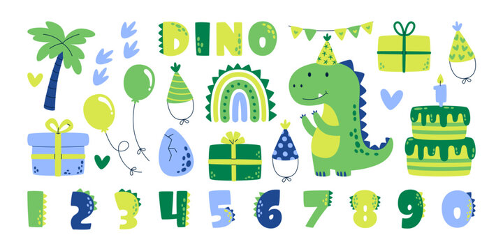 Children birthday party celebration set with cute dinosaur character and decorative elements