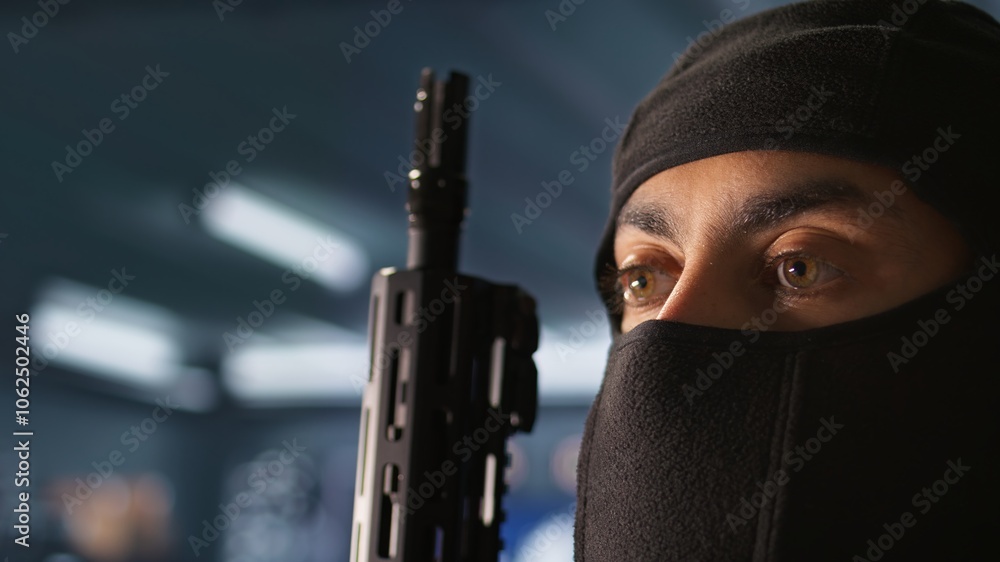 Poster terrorist hiding identity, attacking enemy command center. close up of masked insurgent inspecting r