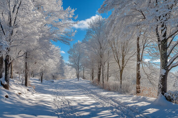 Obraz premium snowy winter daytime landscape with snowy trees and falling snow, generative AI