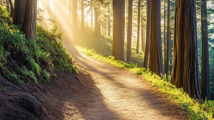 Fototapeta premium A serene forest trail winds gently into the morning mist, inviting exploration and tranquility. The scene captures a minimalist emphasis on light and shadows, where soft beams of sunlight filter