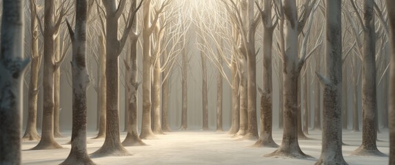 Eerie silent forest in twilight, mysterious path through bare trees, enchanting scene of nature's quiet beauty.