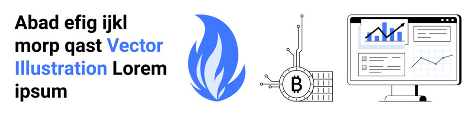 Bold text, blue flame, bitcoin with circuit, and data analytics on computer screen. Ideal for fintech, trading platforms, cybersecurity, data analysis, digital marketing, tech blogs, web development