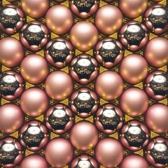 Festive seamless pattern background created with rose gold and pink blush Christmas baubles arranged in a repeating geometric grid.