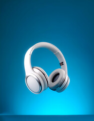 White metallic wireless headphones floating or flying isolated on light blue background