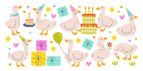Cute birthday geese farm bird characters celebrating festive party with balloons, gift boxes, cake