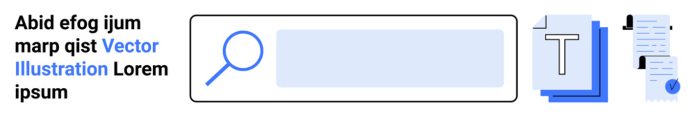 Magnifying glass inside search bar, text, documents, blue accents. Ideal for search engines, educational websites, digital libraries, data management, online repositories, research tools, office