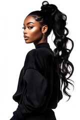 Fototapeta premium Stylish Portrait of Young Woman with High Ponytail Hairstyle in Profile – Modern Fashion Beauty with Sleek Hair and Dramatic Makeup Isolated on White Background