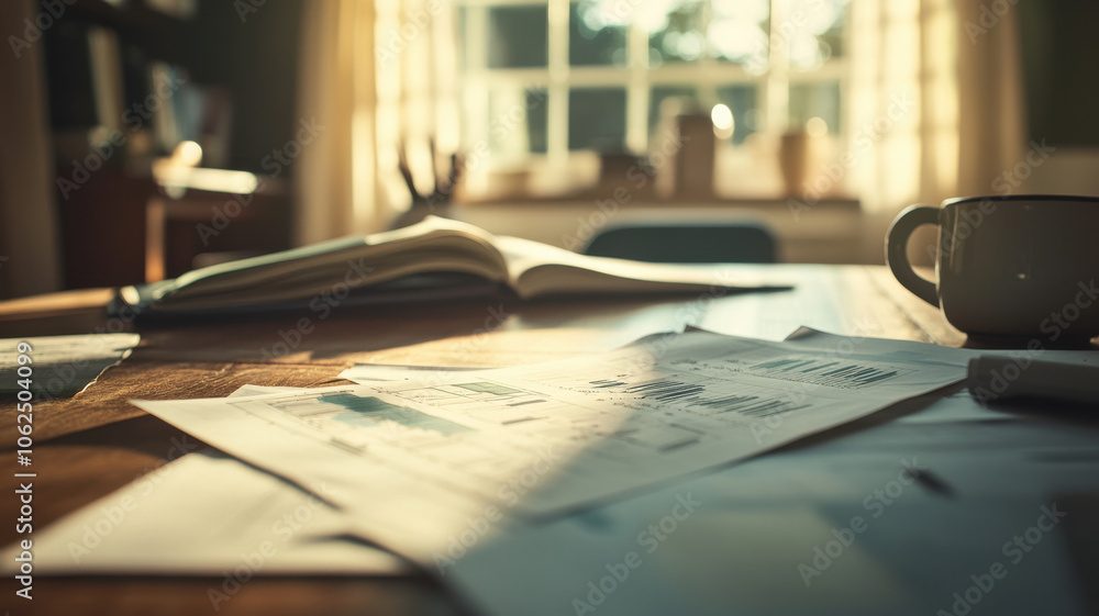 Poster close up of documents and charts on desk, illuminated by soft natural light, creating calm and focus
