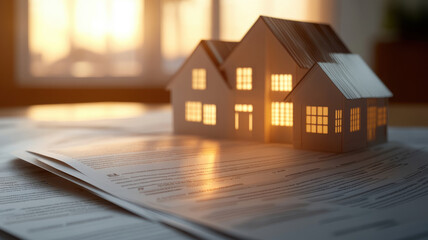 close up of property collateral documents for purchase loan, featuring model house illuminated by backlighting, creating warm and inviting atmosphere