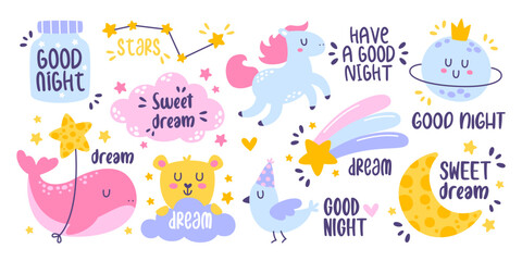 Fototapeta premium Set of cute childish good night lullaby and sweet dreams wish with inscriptions colorful design