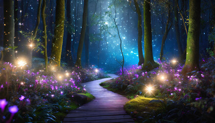 Enchanted forest path with glowing flowers