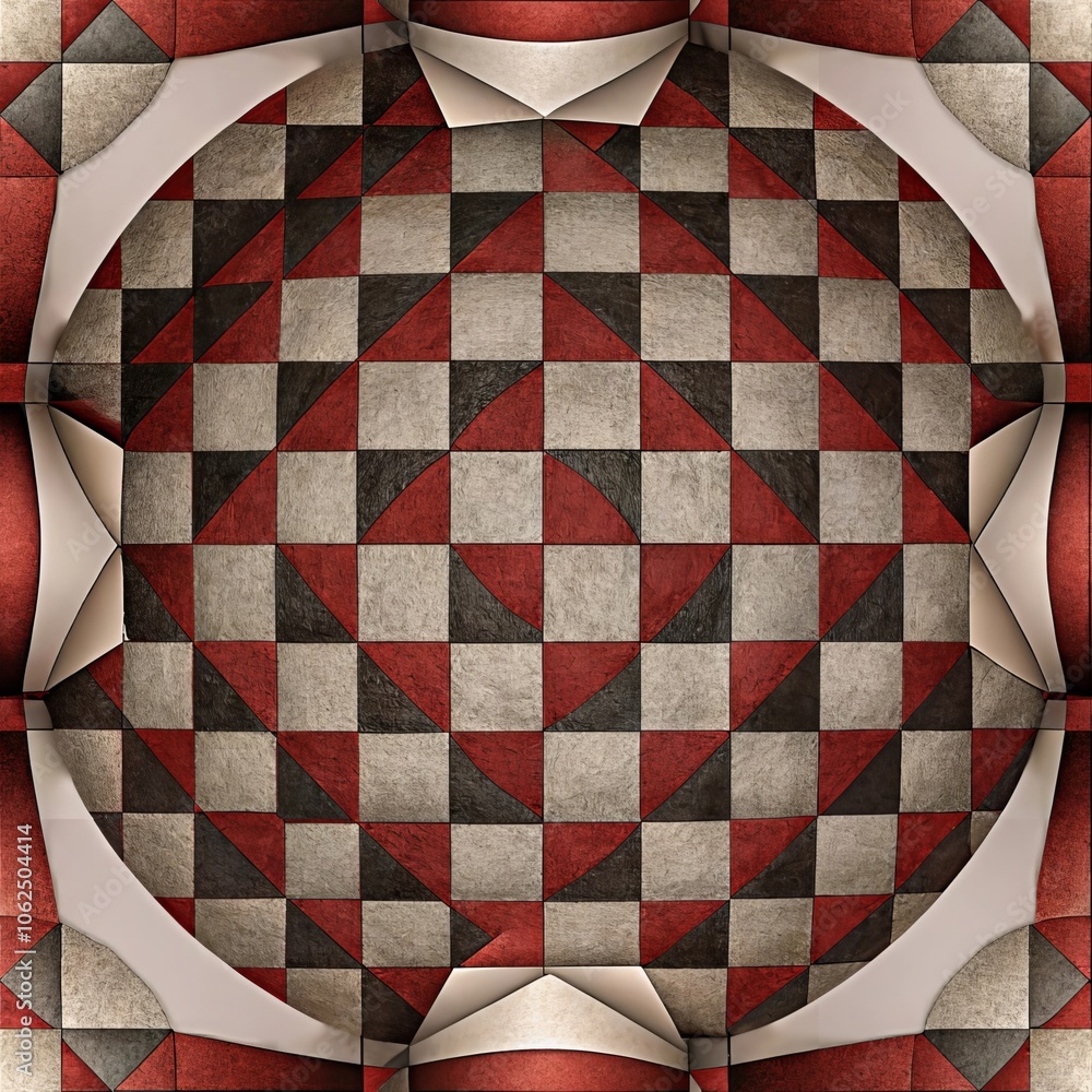 Poster geometric circular pattern in red and gray with vintage texture and symmetrical design