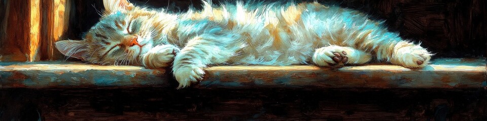 Sleeping Cat on Sunlit Wooden Ledge: Relaxed Feline Slumber, Warm Afternoon Glow, Peaceful Indoor Environment, Orange Tabby, Cozy Home Scene, Restful Nap