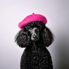 simple portrait of a black poodle dog, wearing pink beret hat, plain background