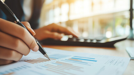 Person analyzing financial data with pen and calculator in soft natural light, focusing on graphs and charts for investment decisions