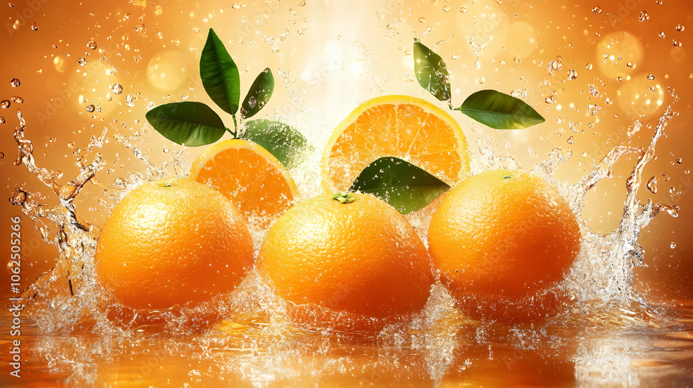 Poster fresh oranges with water splashing around them on a golden background.